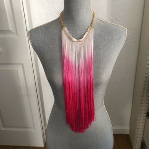 Handmade Pink Ombré Fringe Necklace with Crystals